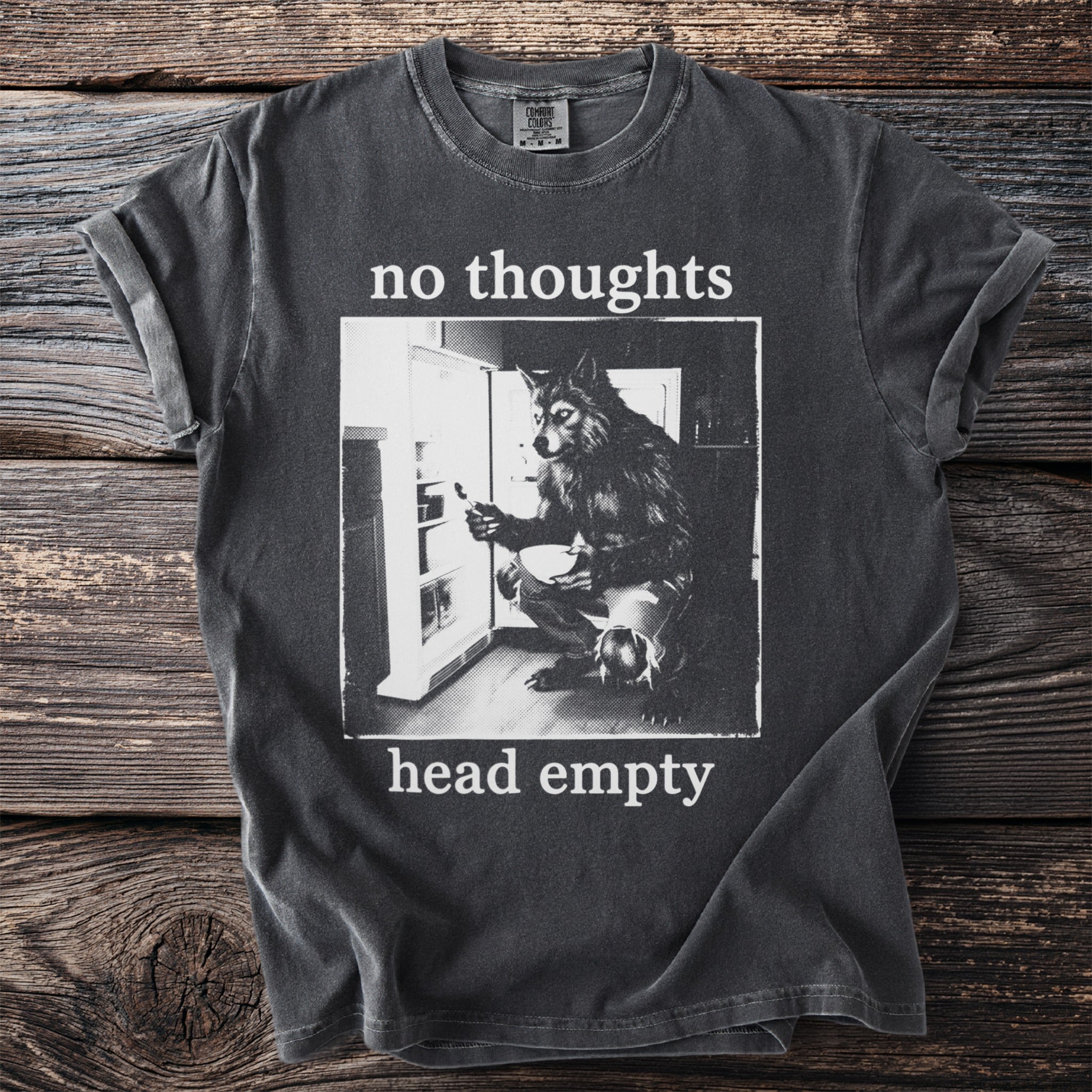 Dark grey t-shirt with a black and white graphic of a wolf at an open refrigerator, with text.