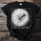 Black t-shirt with a centipede graphic and text: "i live in your wall".