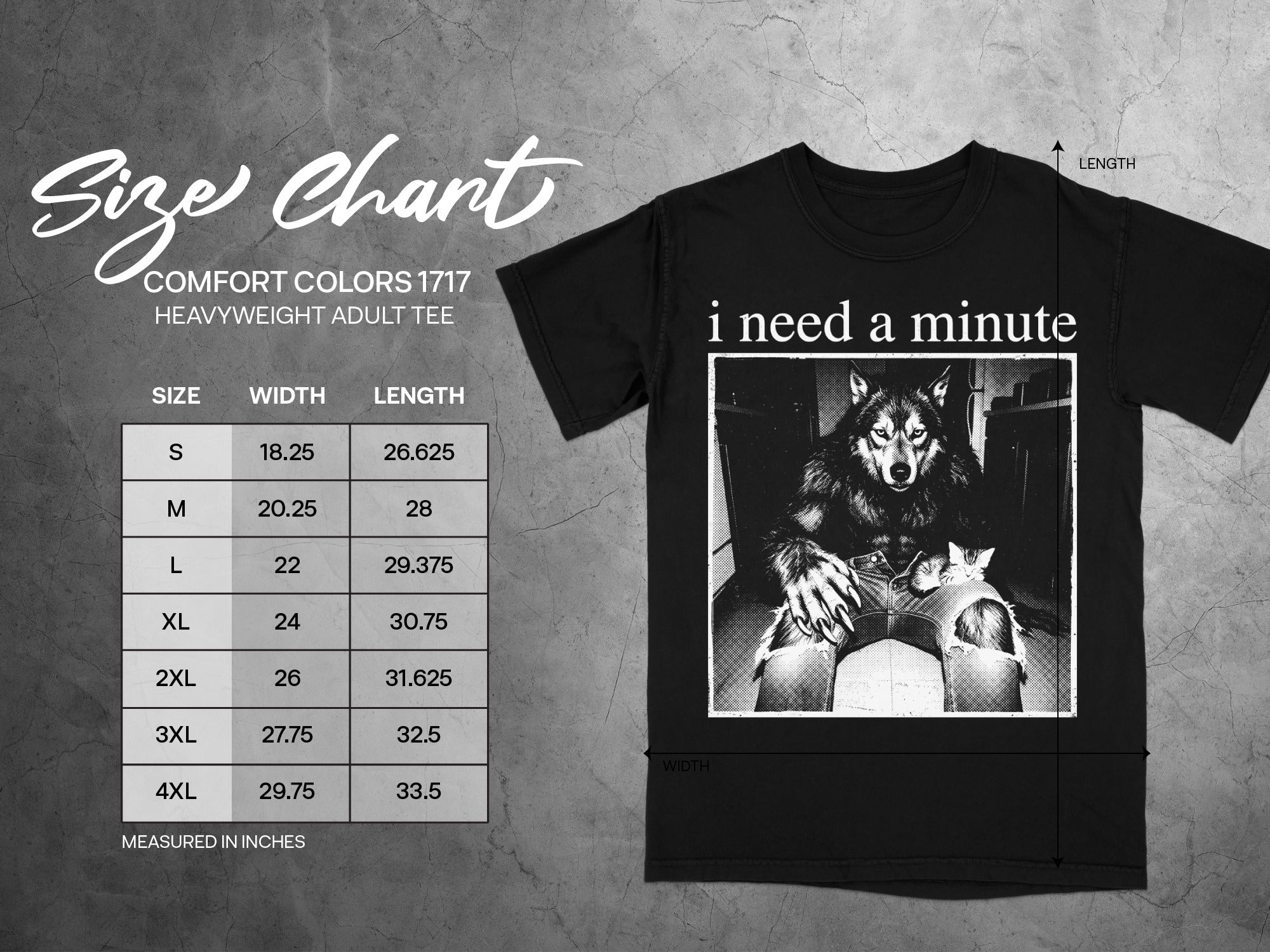 Black t-shirt with wolf and kitten graphic and "i need a minute" text. Size chart included.