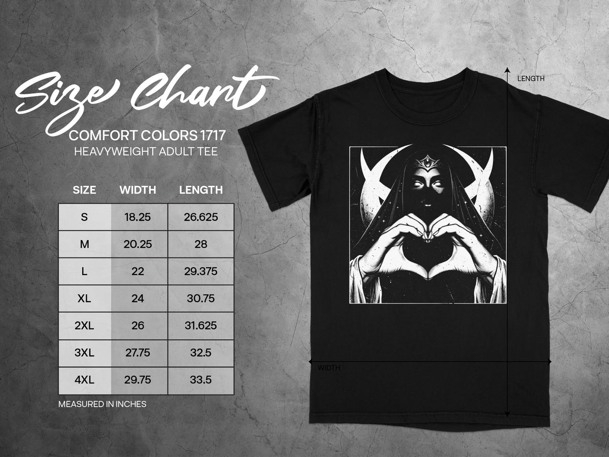 Comfort Colors 1717 heavyweight adult tee size chart with width and length measurements.