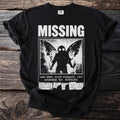 Black t-shirt with a "MISSING" poster graphic featuring a Mothman-like figure.
