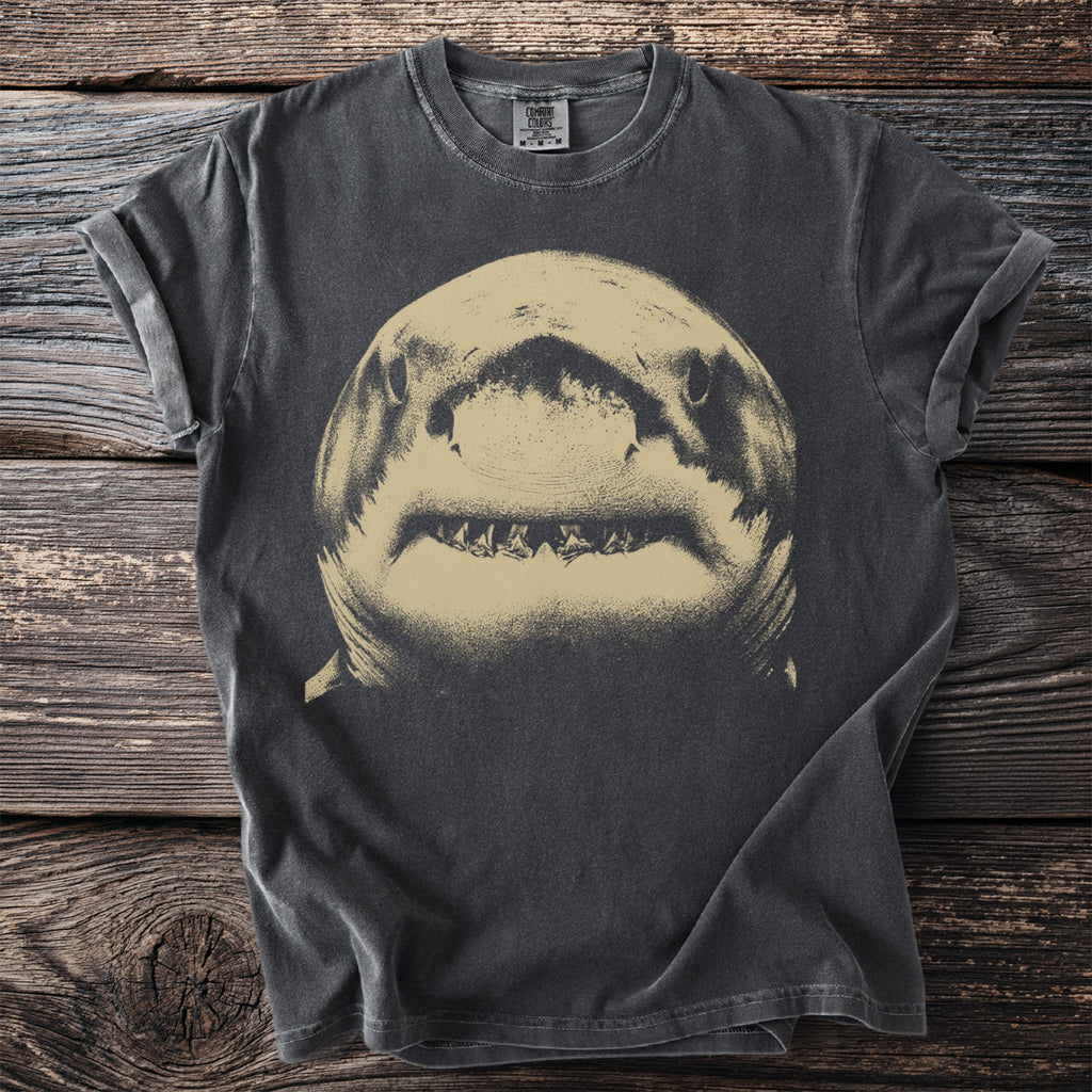 Dark charcoal t-shirt with a close-up graphic of a shark's face.