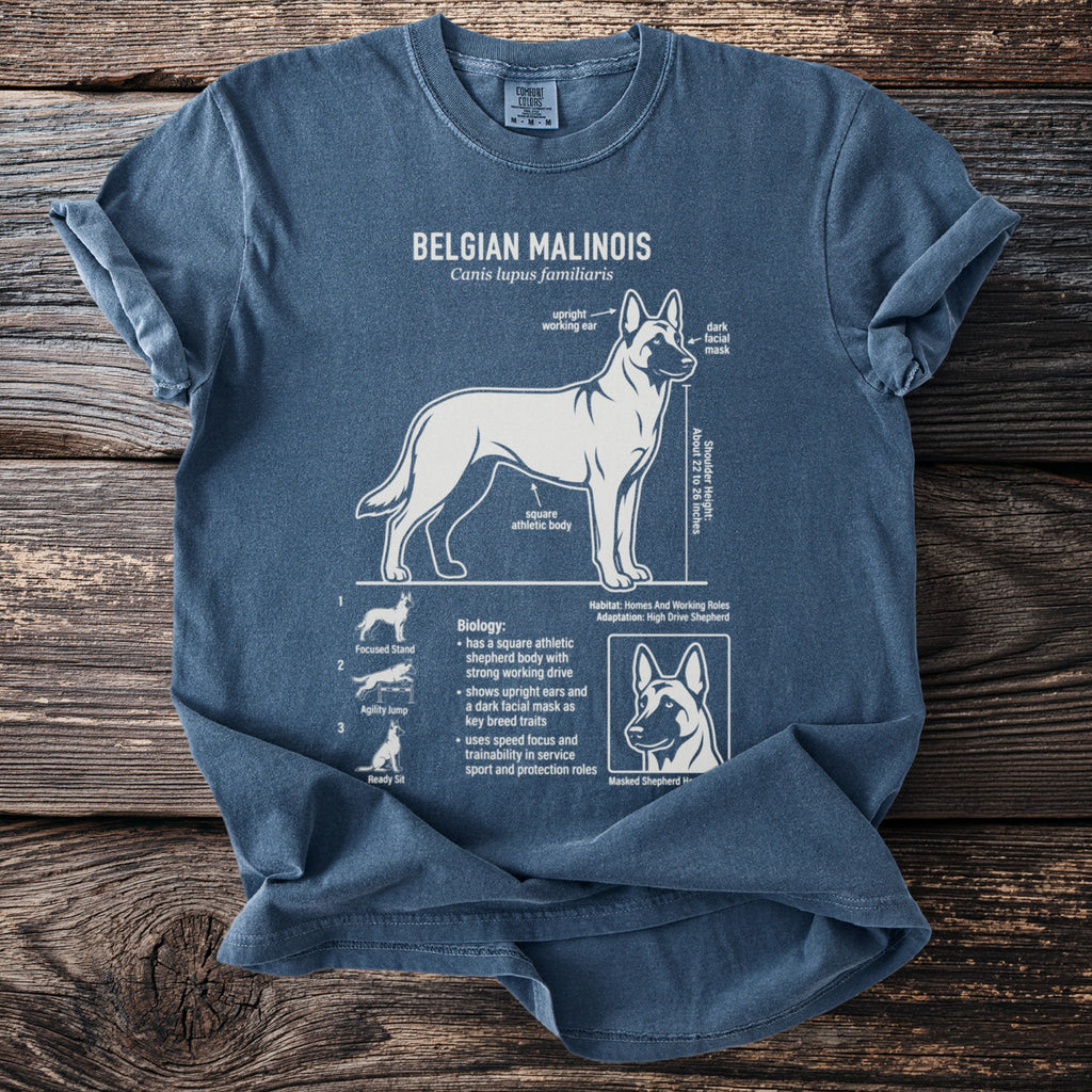 Blue t-shirt with Belgian Malinois dog breed illustration and facts.