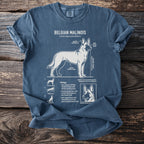 Blue t-shirt with Belgian Malinois dog breed illustration and facts.