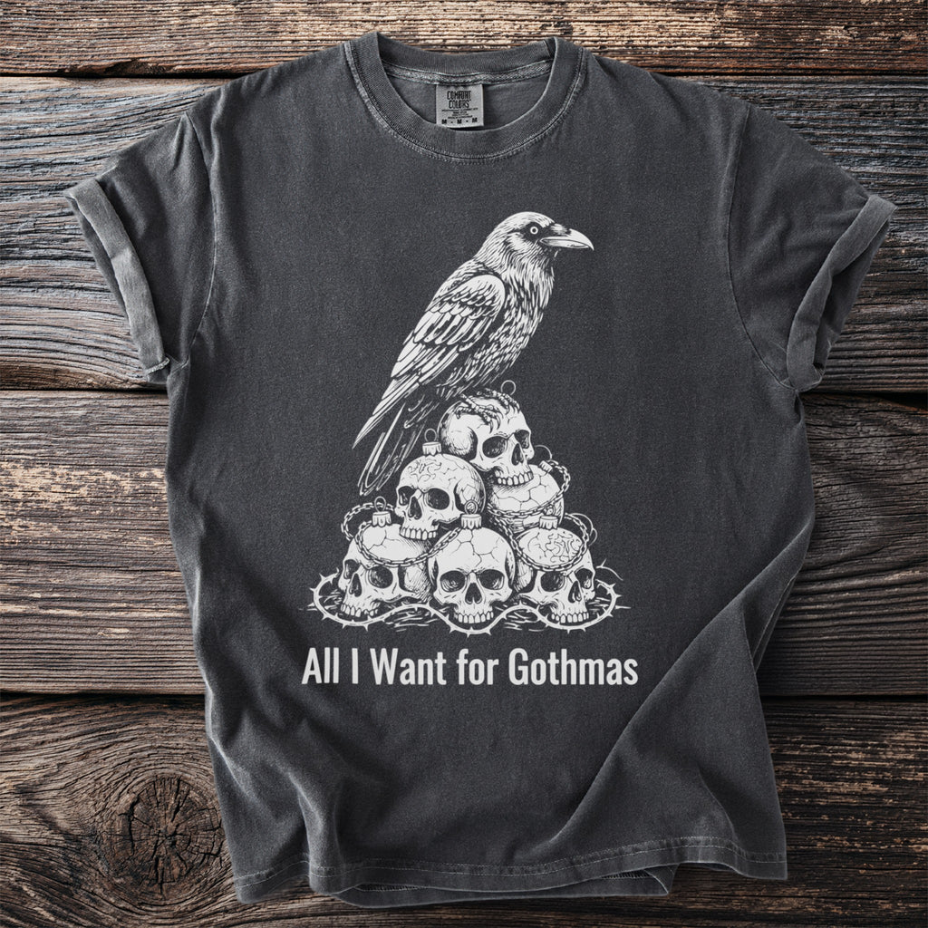 Dark t-shirt with skull and raven graphic and text "All I Want for Gothmas".