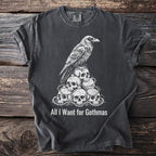 Dark t-shirt with skull and raven graphic and text "All I Want for Gothmas".