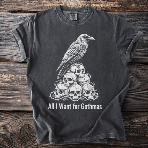 Dark t-shirt with skull and raven graphic and text "All I Want for Gothmas".