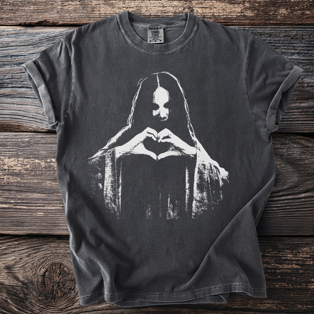 Dark gray t-shirt with a white graphic of a person making a heart shape with their hands