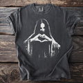 Dark gray t-shirt with a white graphic of a person making a heart shape with their hands