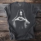 Dark gray t-shirt with a white graphic of a person making a heart shape with their hands