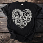 Black t-shirt with a white heart design of intertwined snakes and roses.