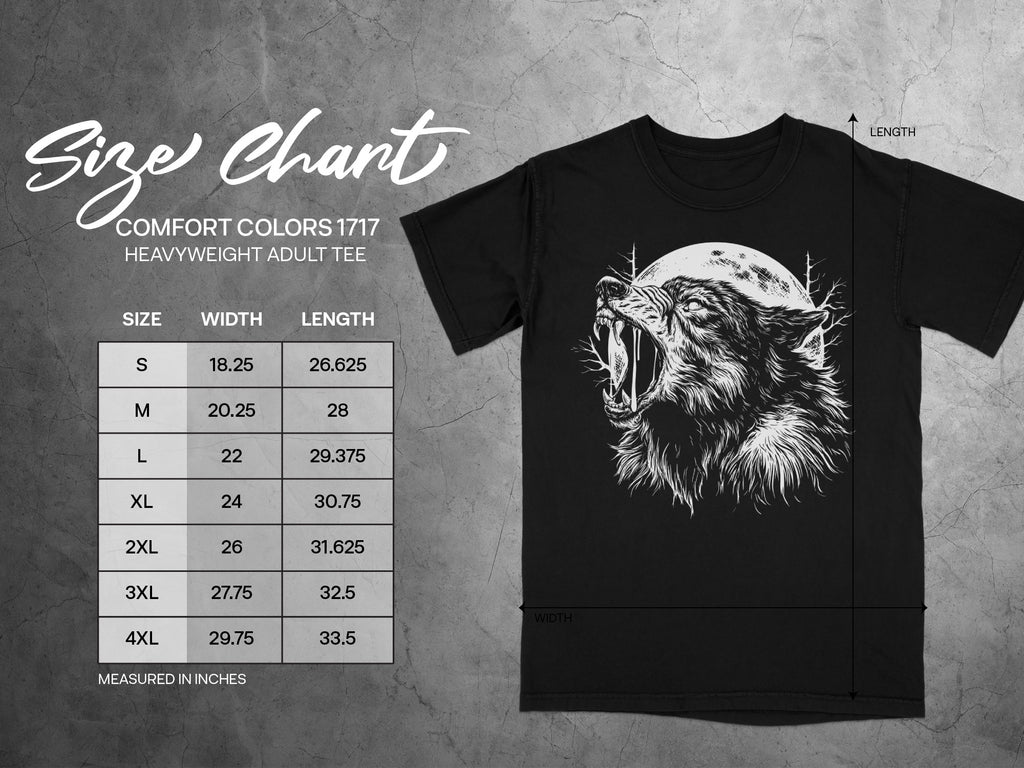 Black t-shirt size chart showing measurements for sizes S-4XL.