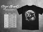 Black t-shirt size chart showing measurements for sizes S-4XL.