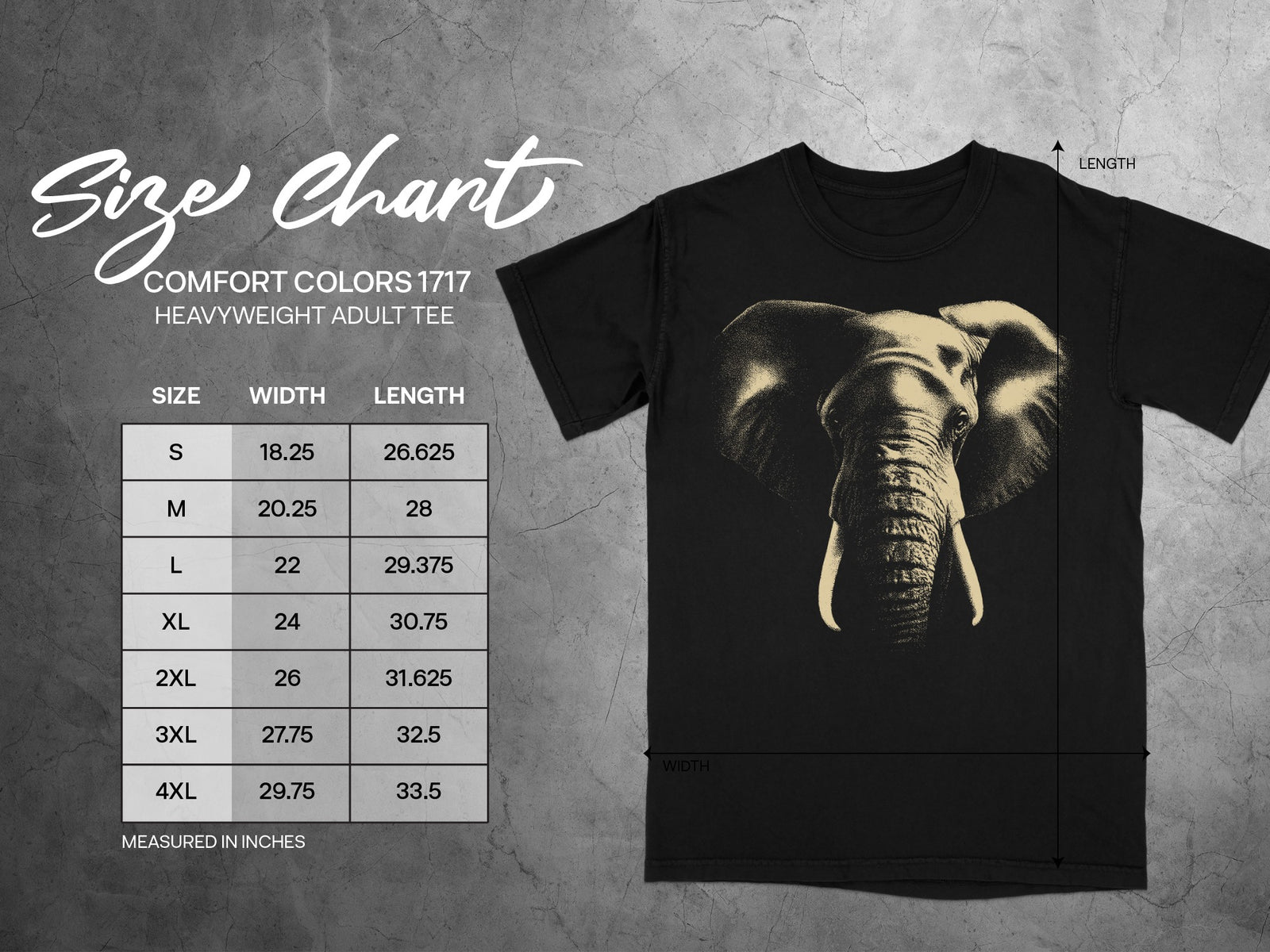 Size chart for Comfort Colors 1717 heavyweight adult tee with elephant graphic.