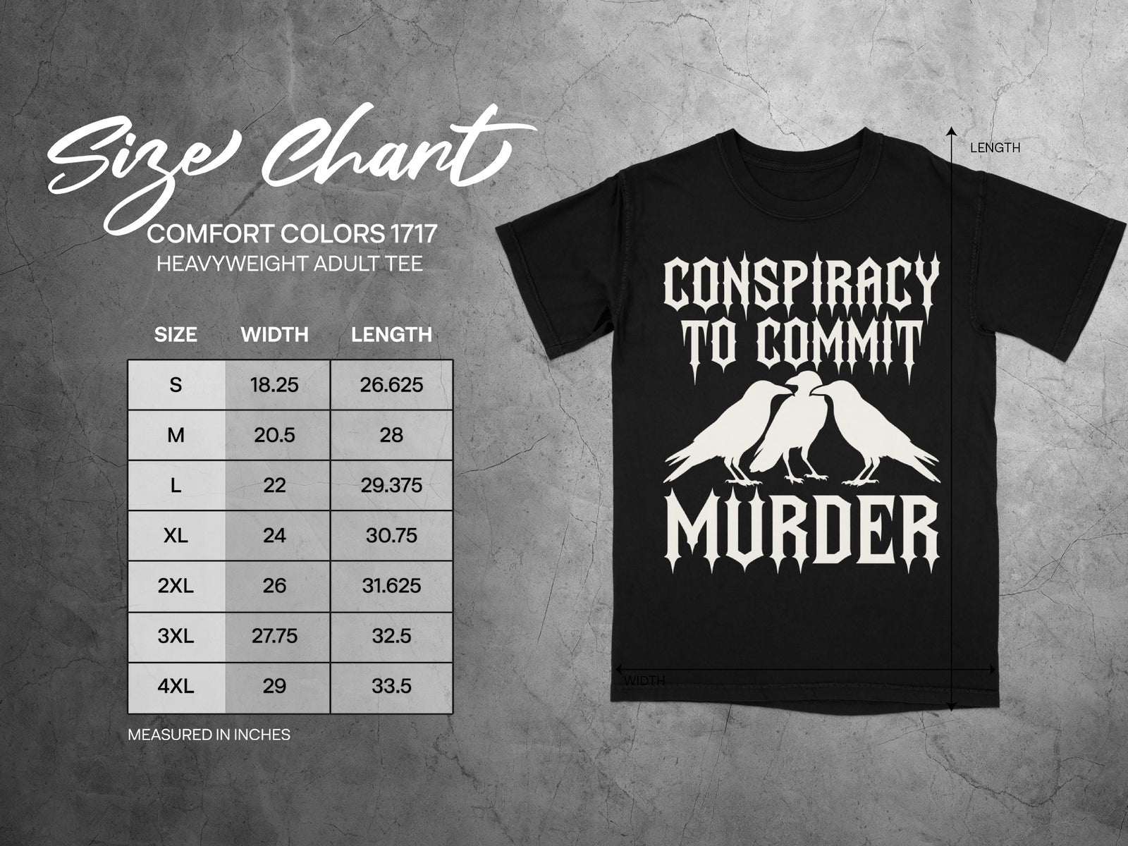 Black t-shirt size chart with "Conspiracy to Commit Murder" graphic and measurements.