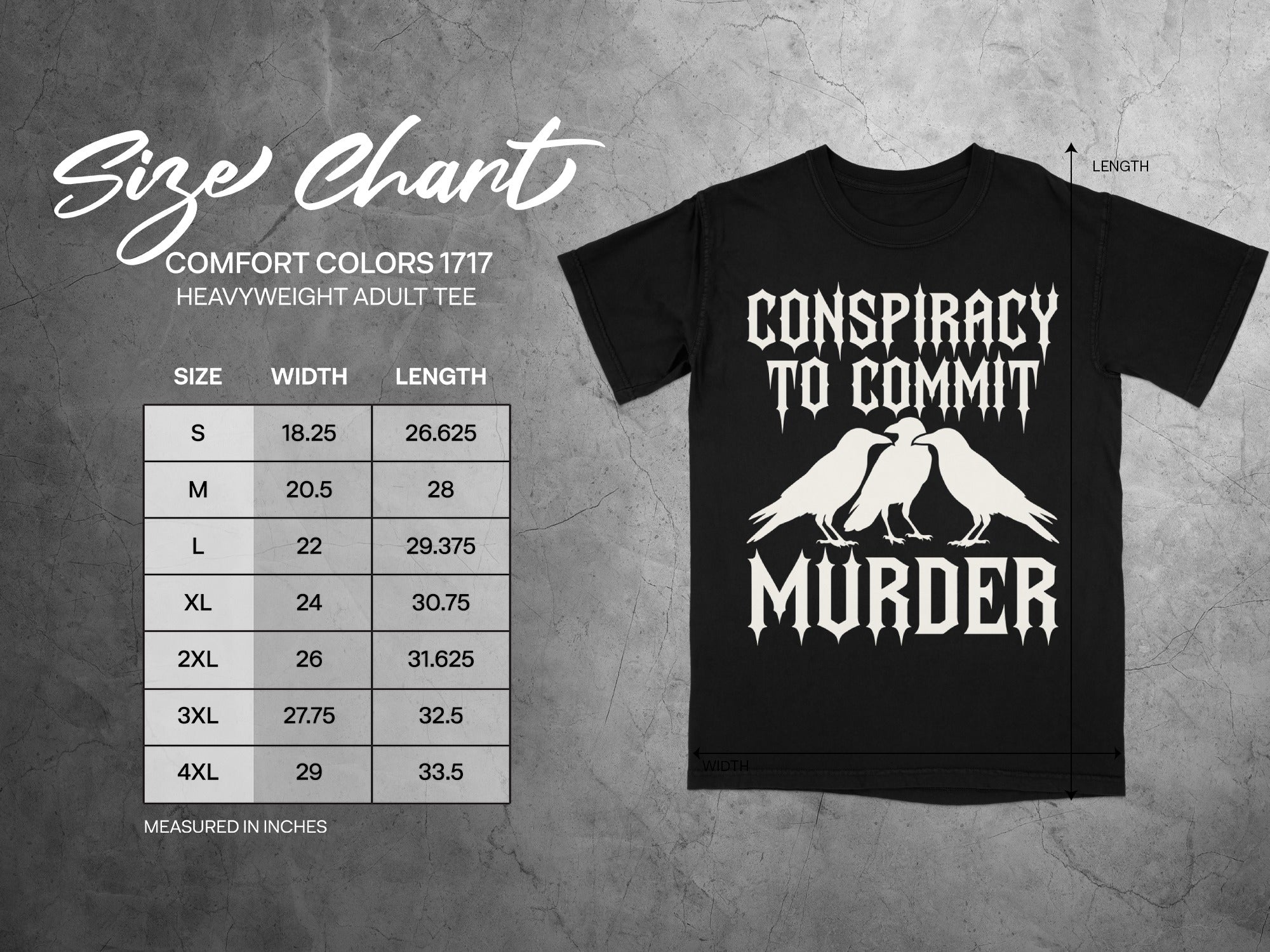 Black t-shirt size chart with "Conspiracy to Commit Murder" graphic and measurements.