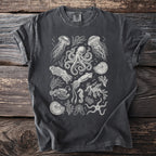 Dark gray t-shirt with an intricate white line art print of various sea creatures and coral.
