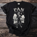 Black t-shirt with a graphic of the Greek god Pan playing panpipes in a forest.