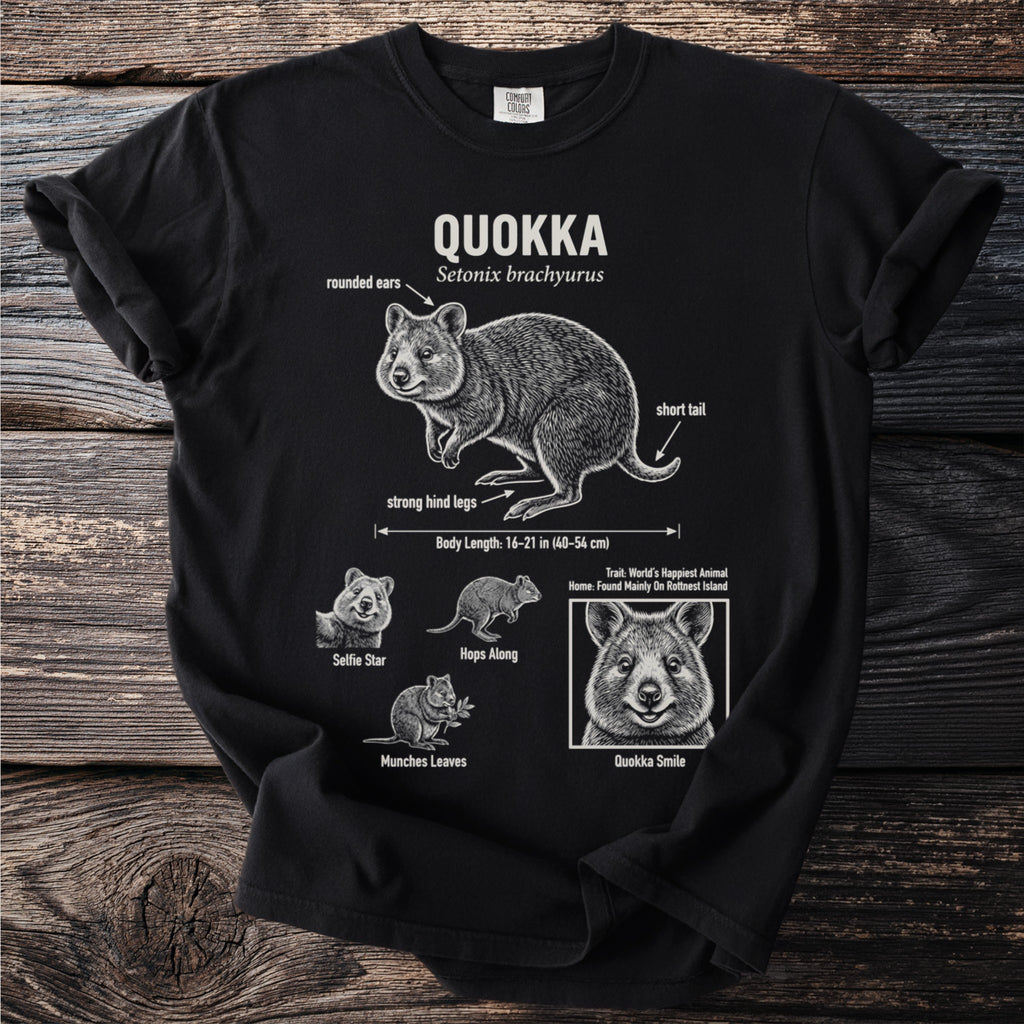 Black t-shirt with Quokka facts and illustrations: "Quokka," "Setonix brachyurus," body length, and behaviors.