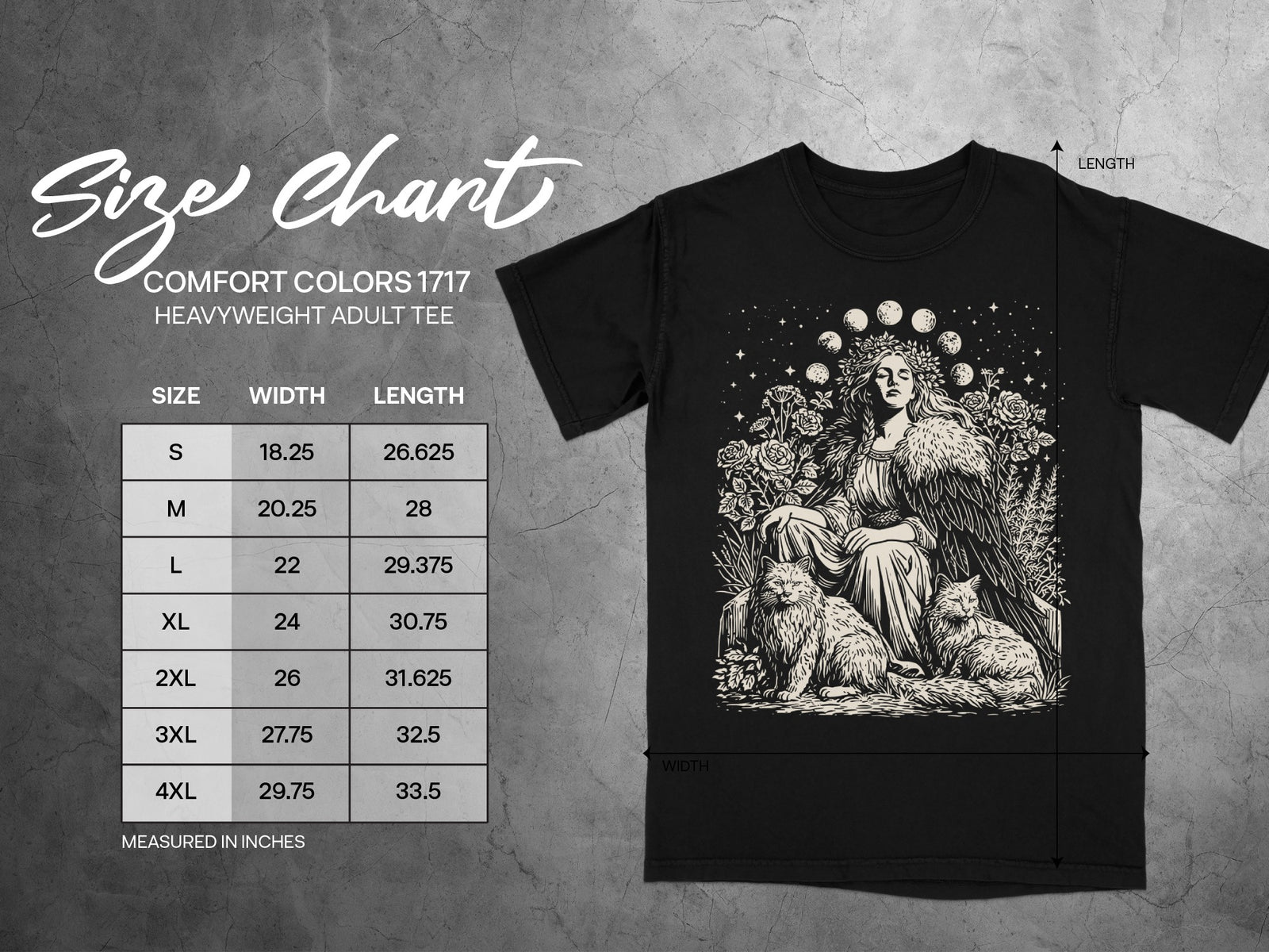 Comfort Colors 1717 heavyweight adult tee size chart with width and length measurements.