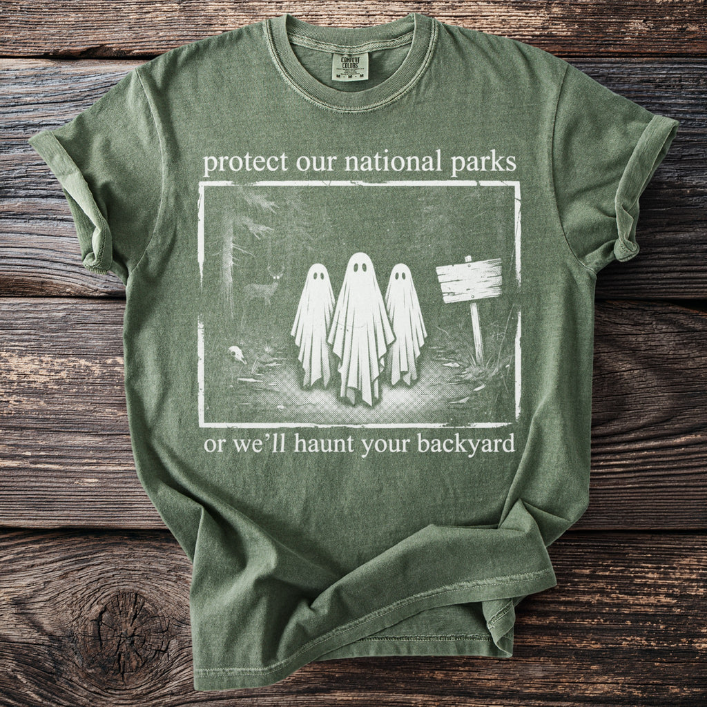 Green t-shirt with "protect our national parks" and ghosts design.