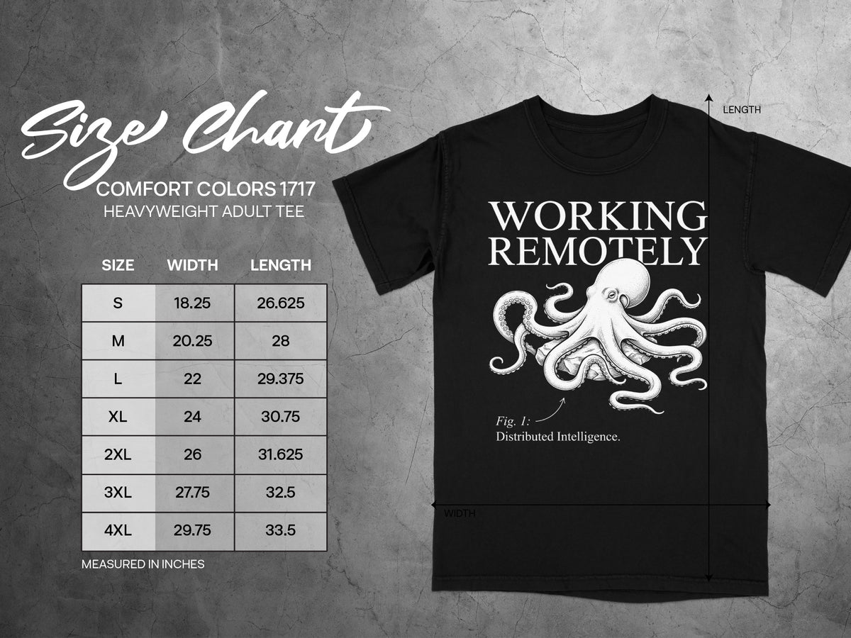 Black t-shirt with octopus graphic and "Working Remotely" text, with size chart.