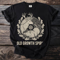 Black t-shirt with deer, boar, snowflake, and oak leaves design, reads "OLD GROWTH SPIR"