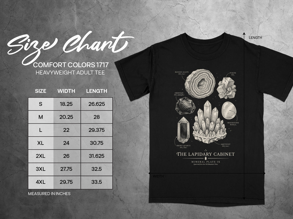 Black t-shirt with "Size Chart" and mineral illustrations, including a size chart.