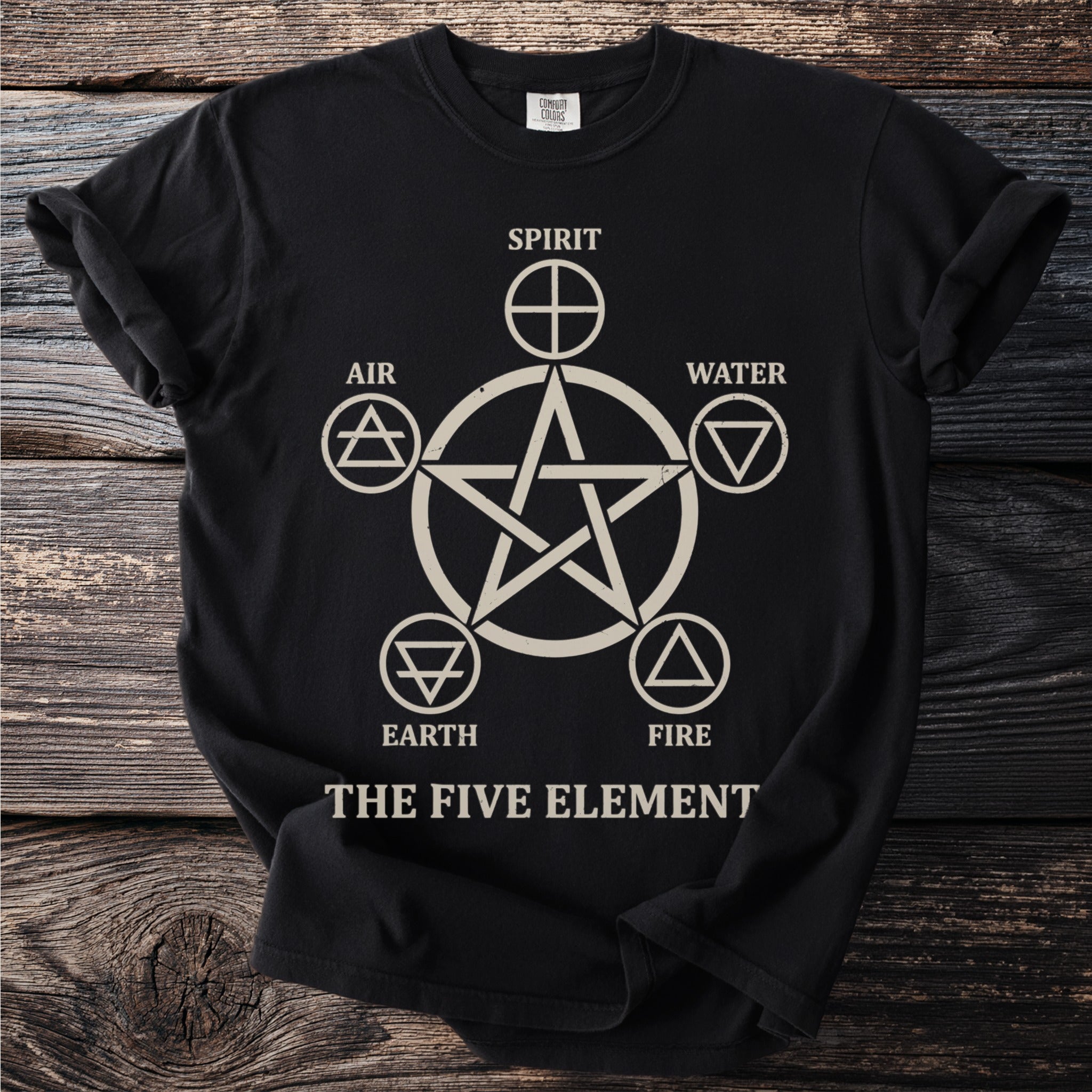 Black t-shirt with graphic of pentagram surrounded by symbols for spirit, air, water, earth, and fire.