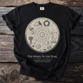 Black t-shirt with "The Wheel of the Year" illustrated almanac design.