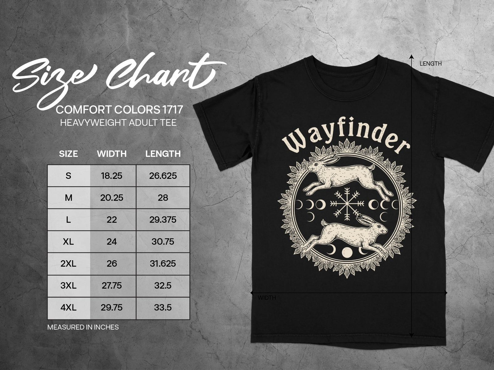 Comfort Colors 1717 heavyweight adult tee size chart with width and length measurements.