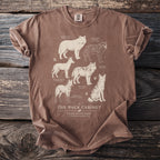 Brown t-shirt featuring illustrations of different wolf species and "The Pack Cabinet" text.