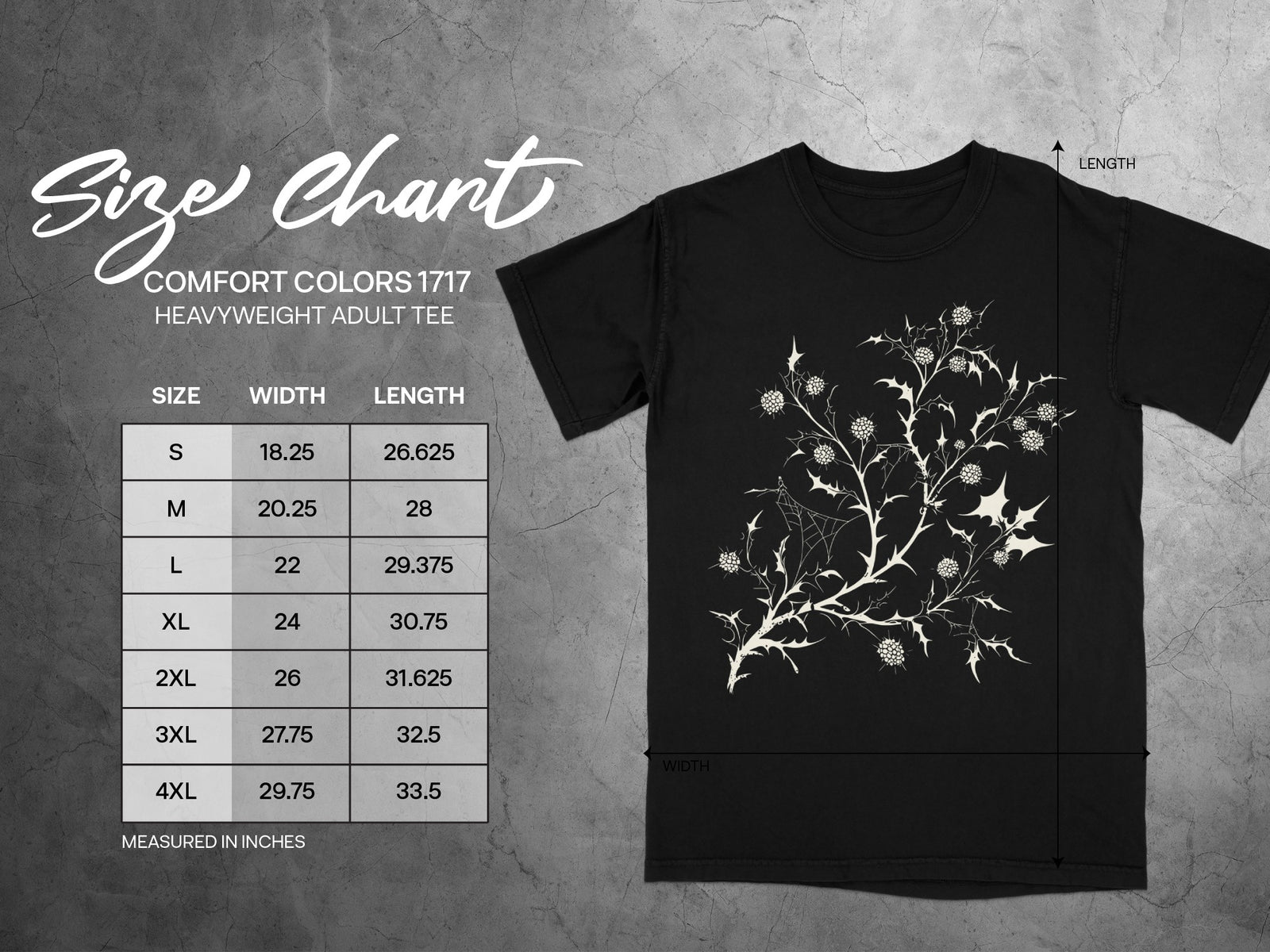 Comfort Colors 1717 heavyweight adult tee size chart with width and length measurements.