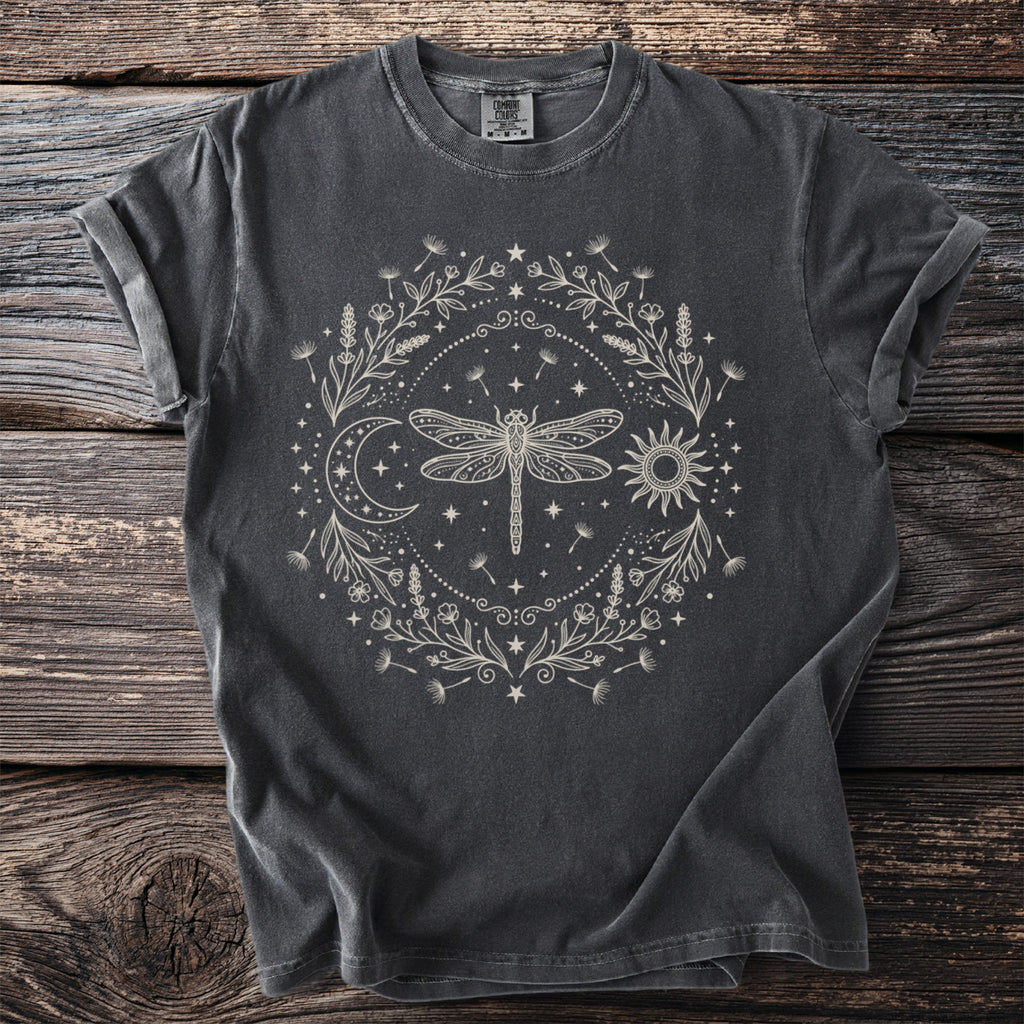 Dark gray t-shirt with a cream celestial dragonfly and floral wreath design.
