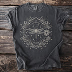 Dark gray t-shirt with a cream celestial dragonfly and floral wreath design.