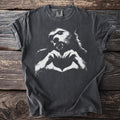 Gray t-shirt with a white graphic of a werewolf forming a heart with its hands.