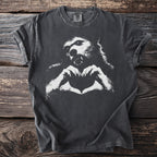 Gray t-shirt with a white graphic of a werewolf forming a heart with its hands.