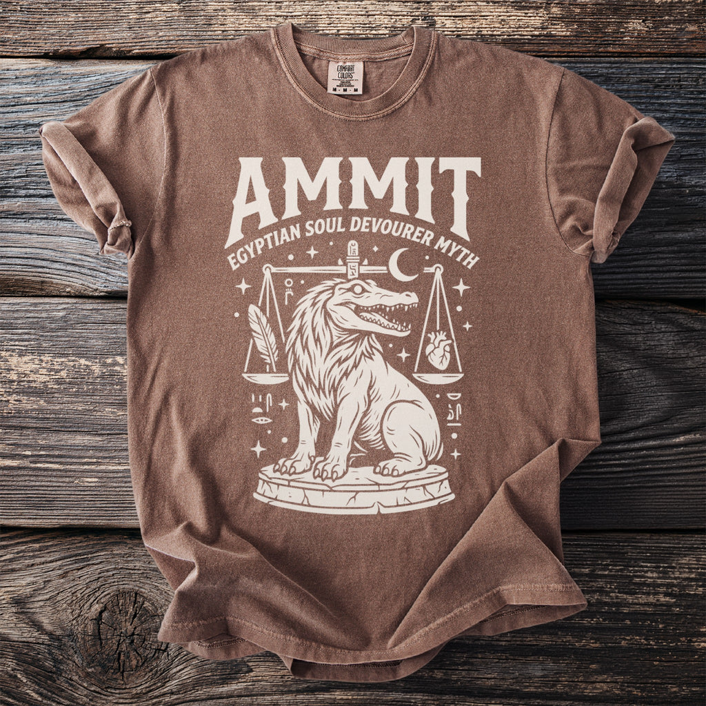 Brown t-shirt with Ammit Egyptian Soul Devourer Myth graphic.