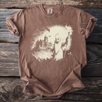 Brown Comfort Colors t-shirt with a vintage ghost and haunted castle graphic.