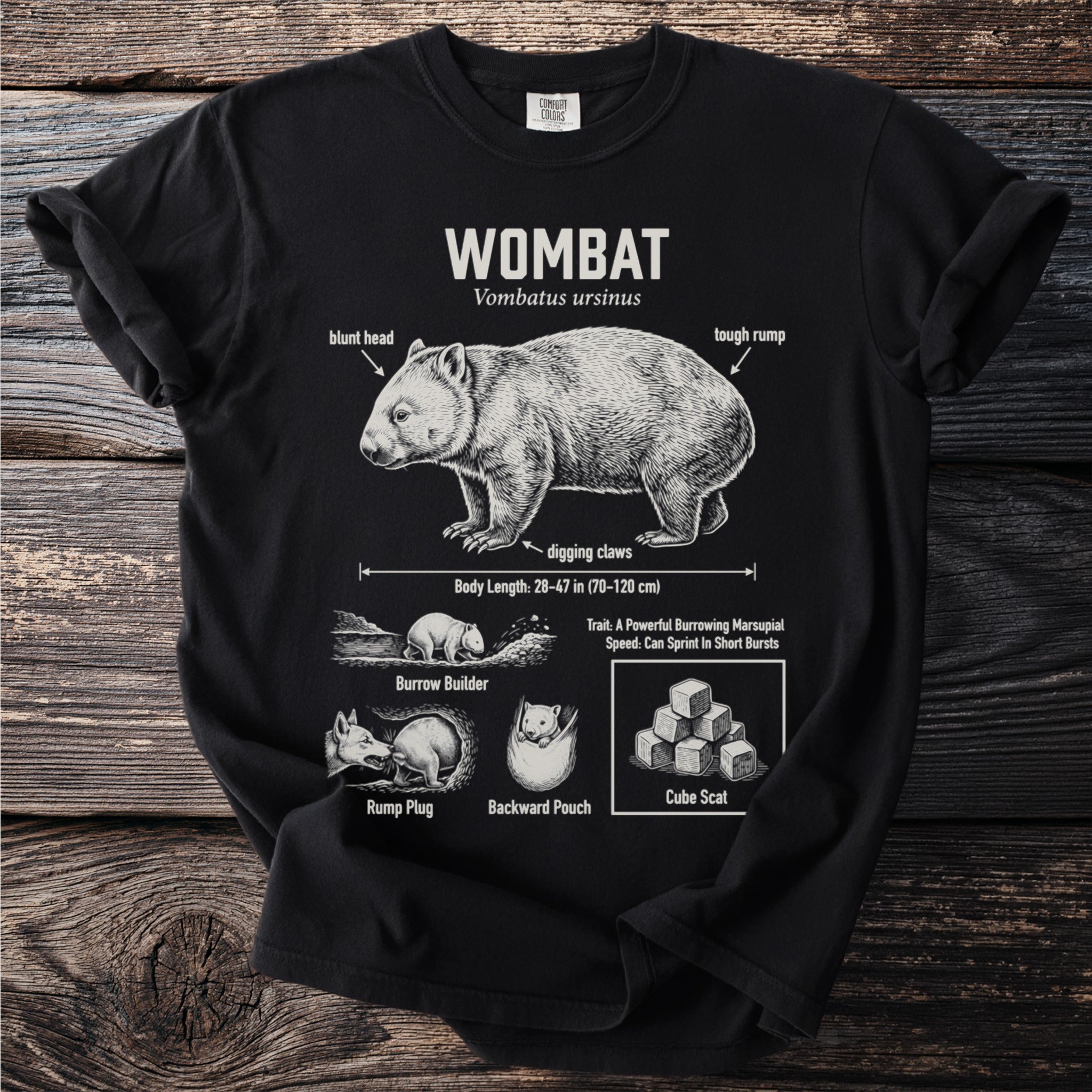 Black t-shirt with wombat illustration and details: blunt head, digging claws, cube scat.