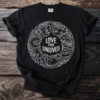 Black t-shirt with a white circular design featuring various sea creatures and the text "LOVE THE UNLOVED."