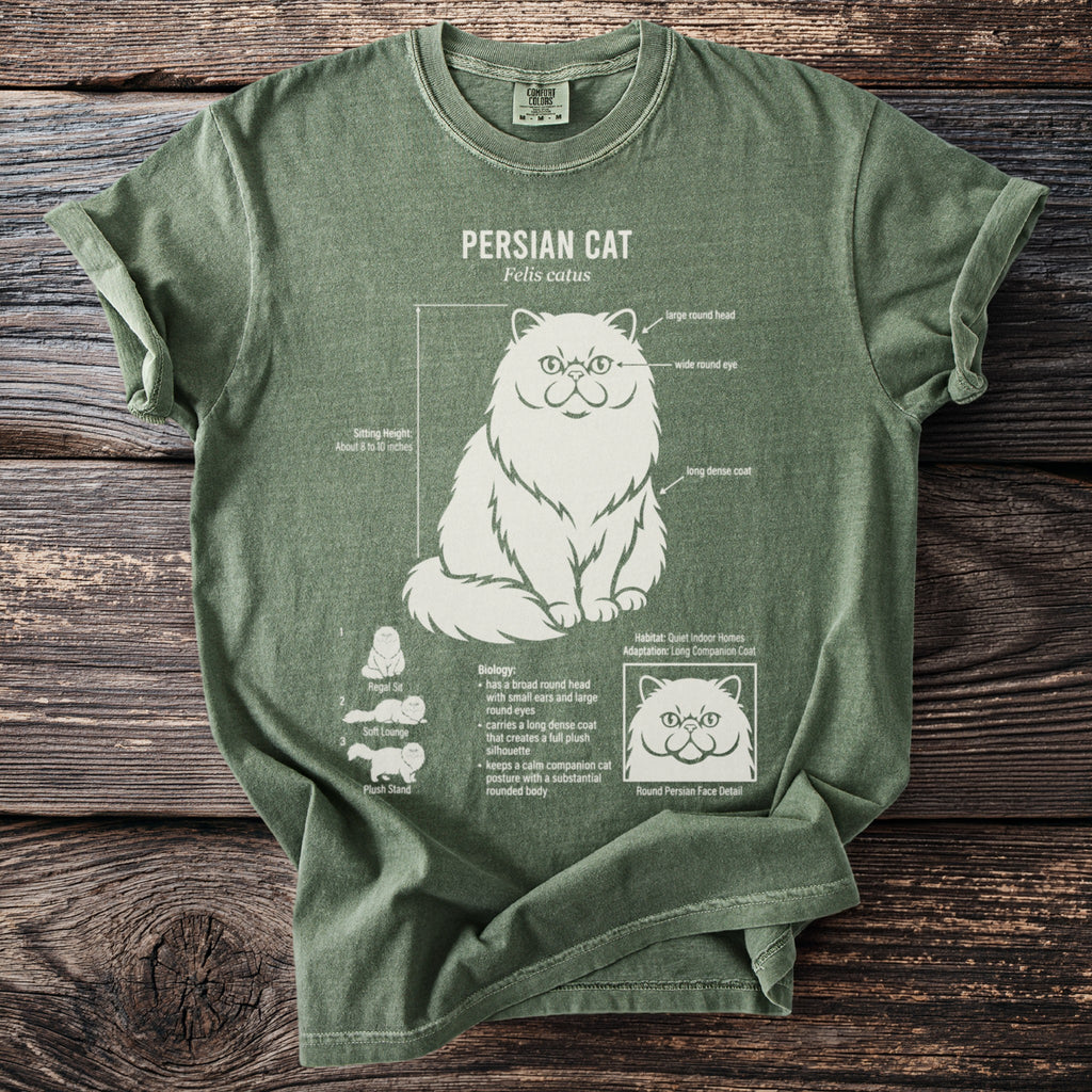 Green Comfort Colors t-shirt featuring Persian Cat diagram with anatomy and biology details.