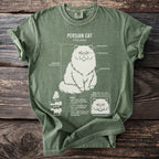 Green Comfort Colors t-shirt featuring Persian Cat diagram with anatomy and biology details.