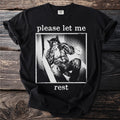 Black t-shirt with werewolf in bathtub, "please let me rest" text.