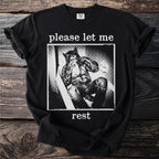 Black t-shirt with werewolf in bathtub, "please let me rest" text.