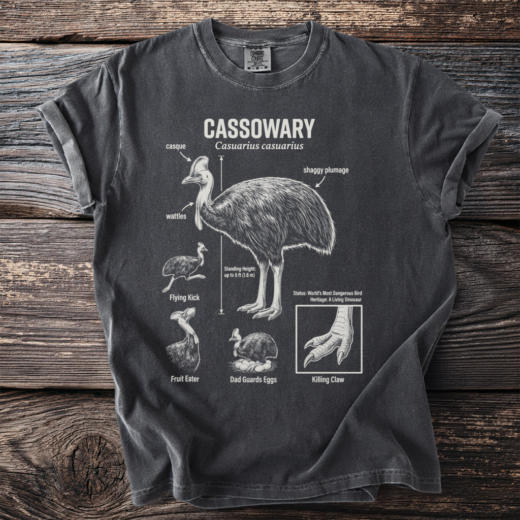 T-shirt graphic of a cassowary with labeled features and information.