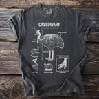 T-shirt graphic of a cassowary with labeled features and information.