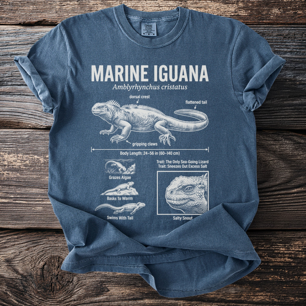 Marine Iguana scientific illustration with body length and traits on a blue t-shirt.