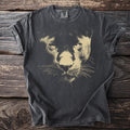 Dark grey t-shirt with a beige panther portrait graphic and Comfort Colors tag.