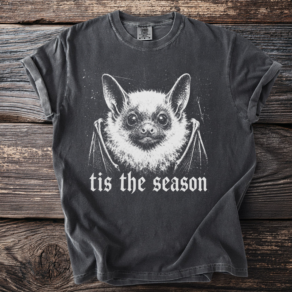 Dark grey t-shirt with white bat illustration and "tis the season" text.